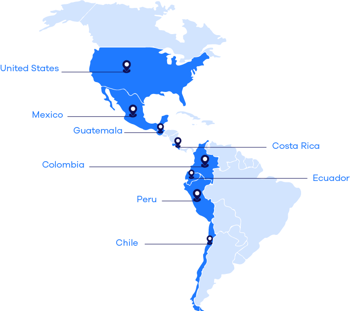 Mapa de presencia de OL Software en América
